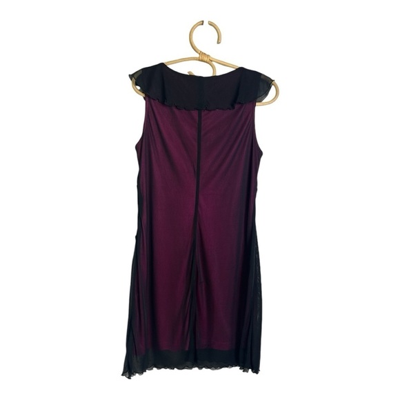 Vintage Scarlett Black Sheer Overlay Hot Pink Ruffle Collar Hem Mini Shirt Dress - Picture 5 of 13